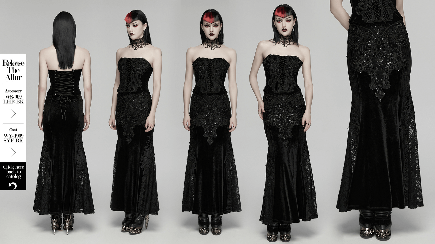 Velvet Goth Skirt with Lace and Sequin Embroidered Detailing showcased from multiple angles.