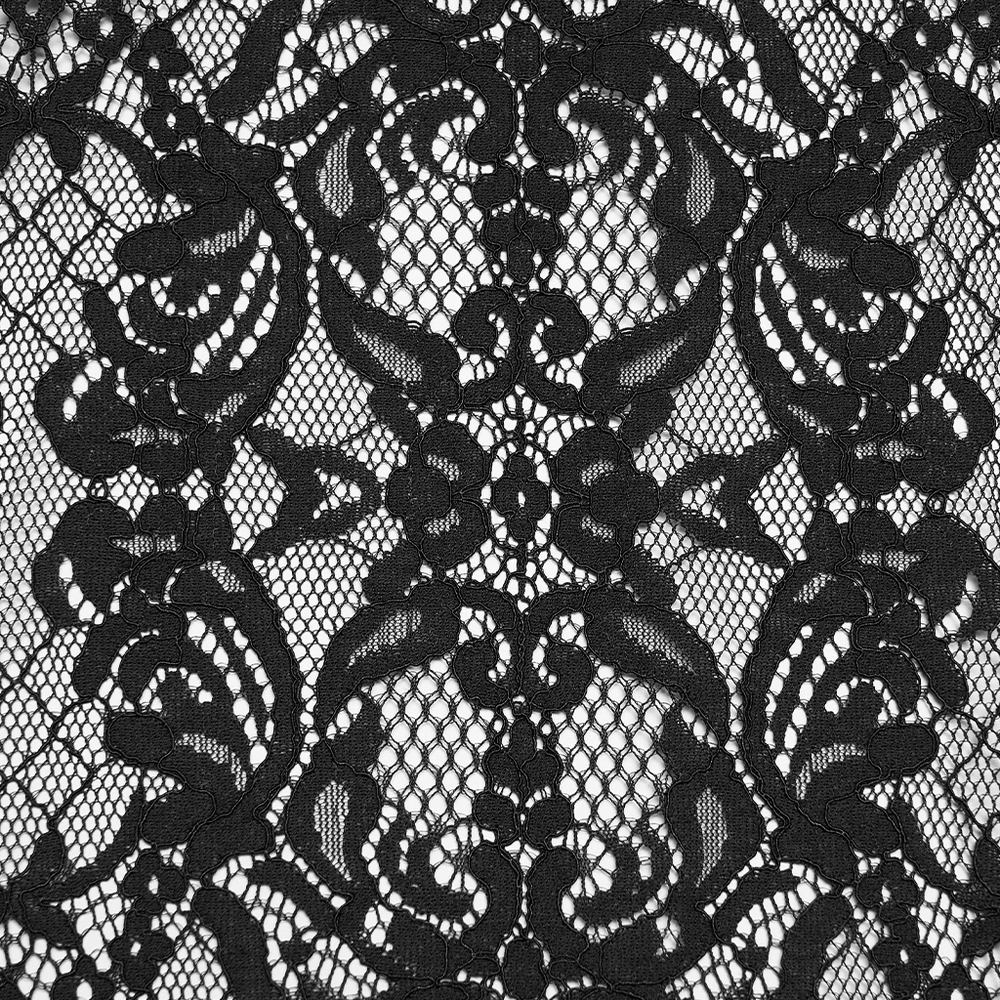 Velvet Goth Skirt with Lace and Sequin Embroidered Detailing intricate lace pattern close-up