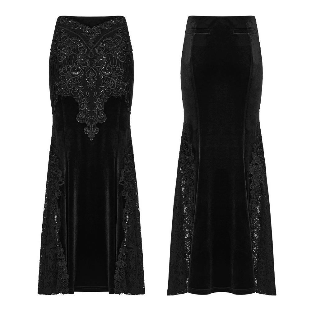 Velvet Goth Skirt with Lace and Sequin Embroidered Detailing featuring intricate designs and elegant lace accents