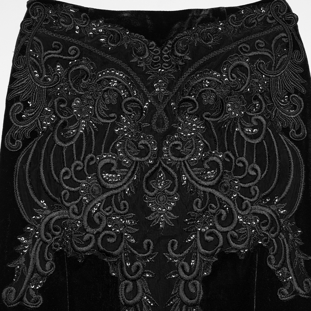 Velvet Goth Skirt with Lace and Sequin Embroidered Detailing close-up showcasing intricate black embroidery.
