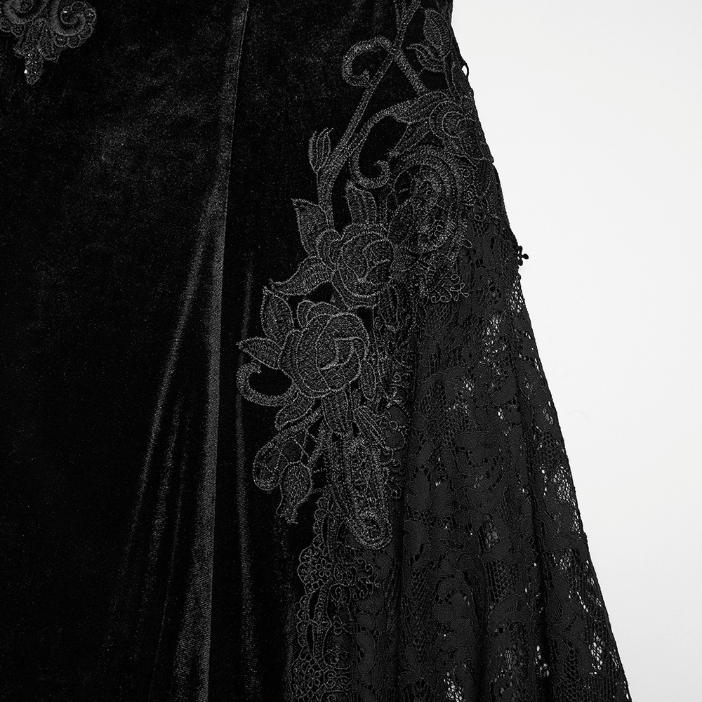 Close-up of the Velvet Goth Skirt with Lace and Sequin Embroidered Detailing showcasing intricate black lace design.