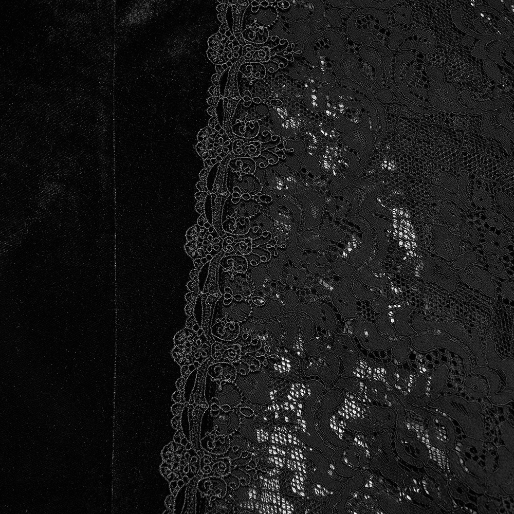 Close-up of the Velvet Goth Skirt with Lace and Sequin Embroidered Detailing showcasing intricate lacework.