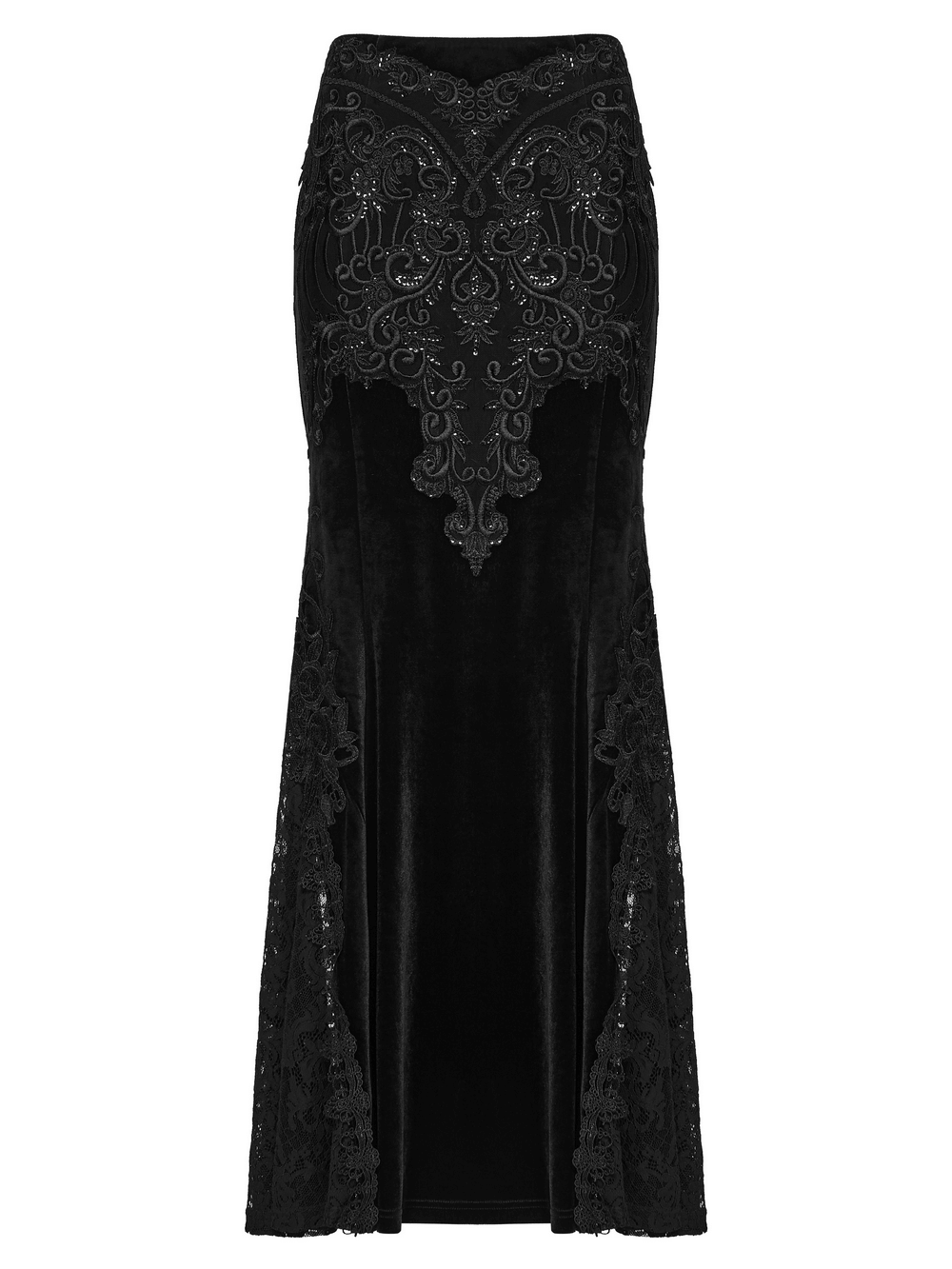 Velvet Goth Skirt with Lace and Sequin Embroidered Detailing featuring intricate lace and sequin patterns.