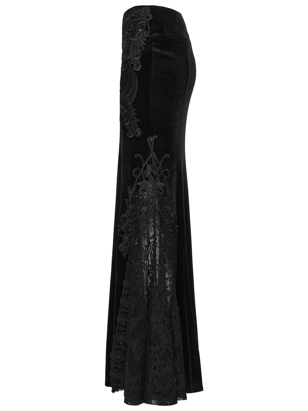 Velvet Goth Skirt with Lace and Sequin Embroidered Detailing showcasing intricate lace and sequin designs.