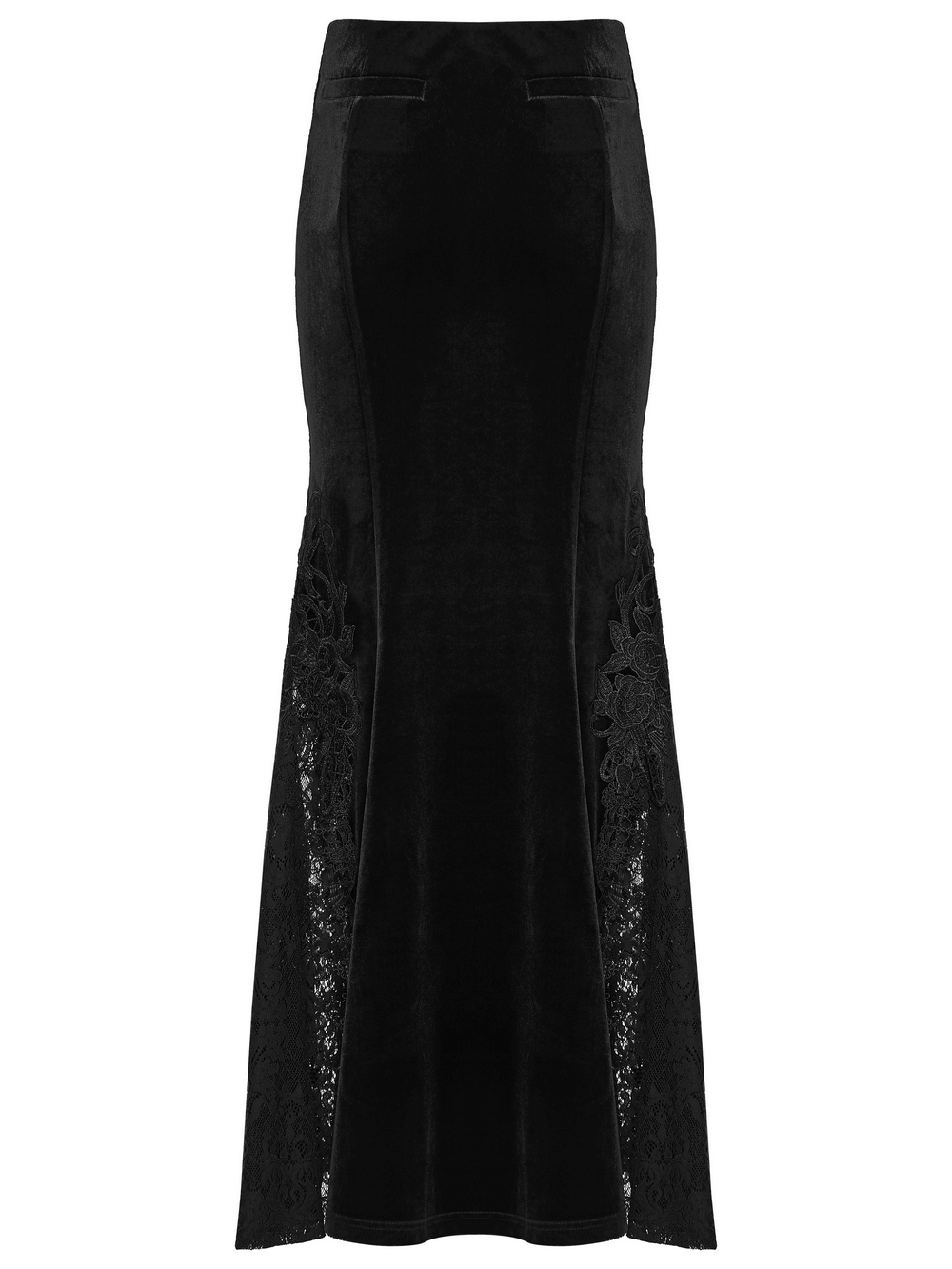 Velvet Goth Skirt with Lace and Sequin Embroidered Detailing showcasing bold black fabric and intricate lace sides.