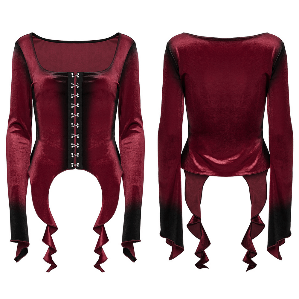 Gothic velvet top with spiral sleeves and buckles, featuring a gradient print and unique hem design.