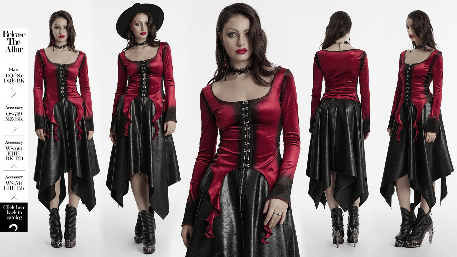 Gothic velvet top with spiral sleeves and buckles, featuring a striking gradient print and unique hem design.