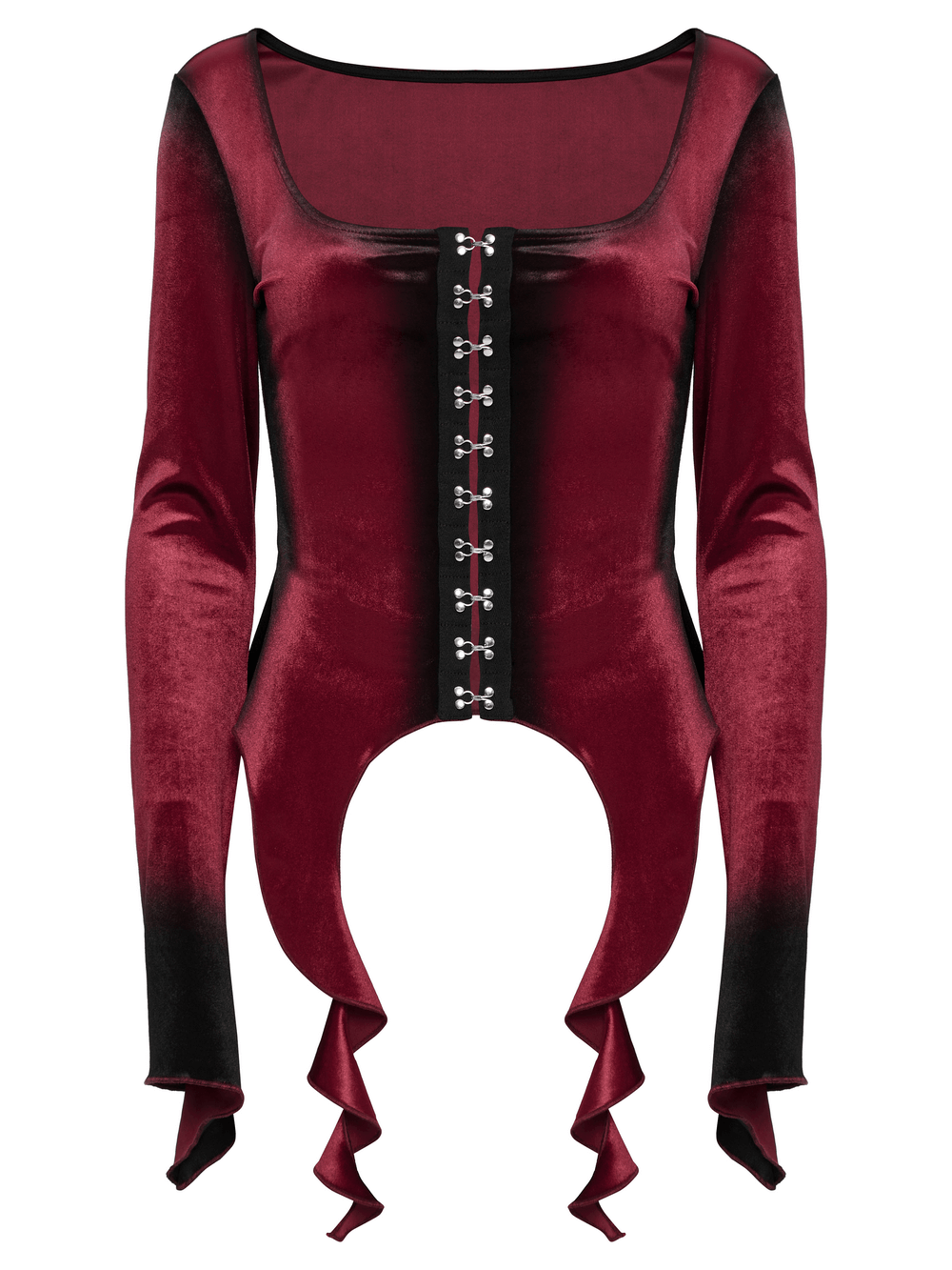 Gothic velvet top with spiral sleeves, gradient print, square neckline, and metal buckles for an edgy style.