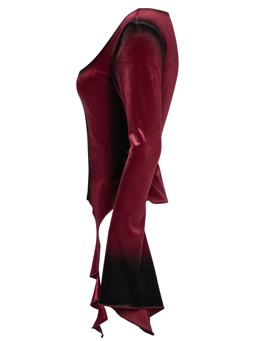 Gothic velvet top with spiral sleeves, gradient burgundy to black design, stylish and edgy fashion.