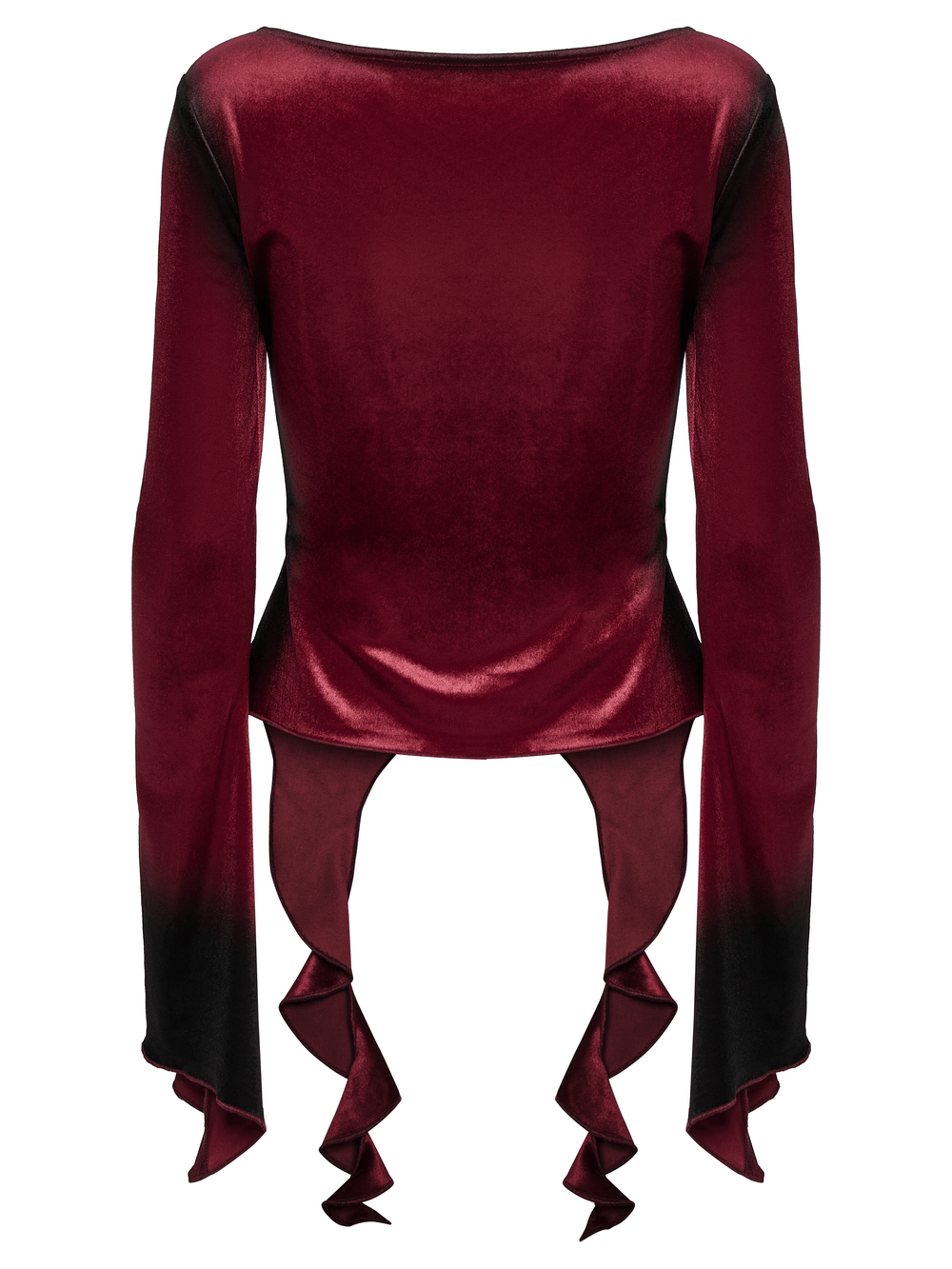 Back view of a velvet goth top with spiral sleeves and a gradient hem, featuring elegant and edgy design elements.