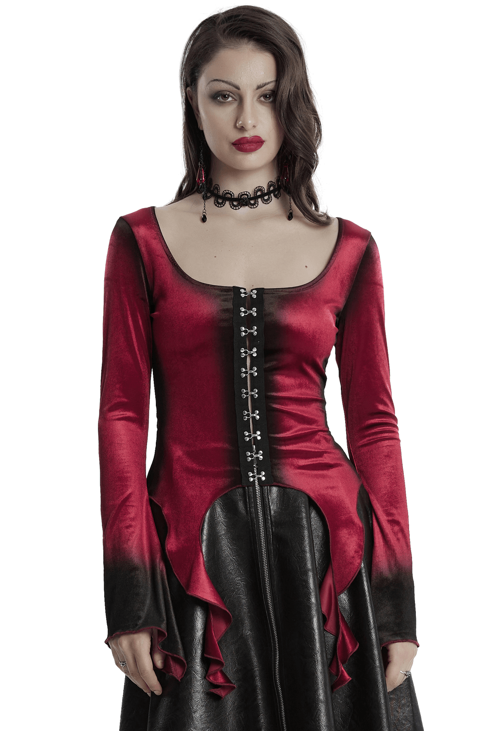 Gothic velvet top with spiral sleeves and buckles, featuring a gradient print and elegant square neckline.