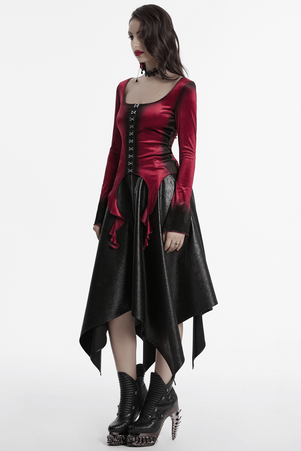 Gothic velvet top with spiral sleeves, gradient hem, and buckles, perfect for edgy fashion enthusiasts.