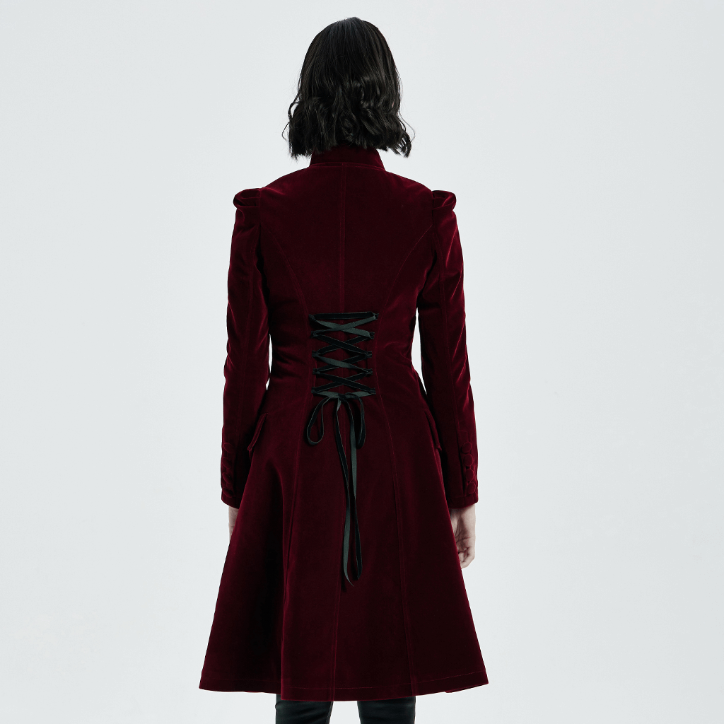 Back view of a Victorian-inspired velvet gothic coat with lace-up drawstring detail.