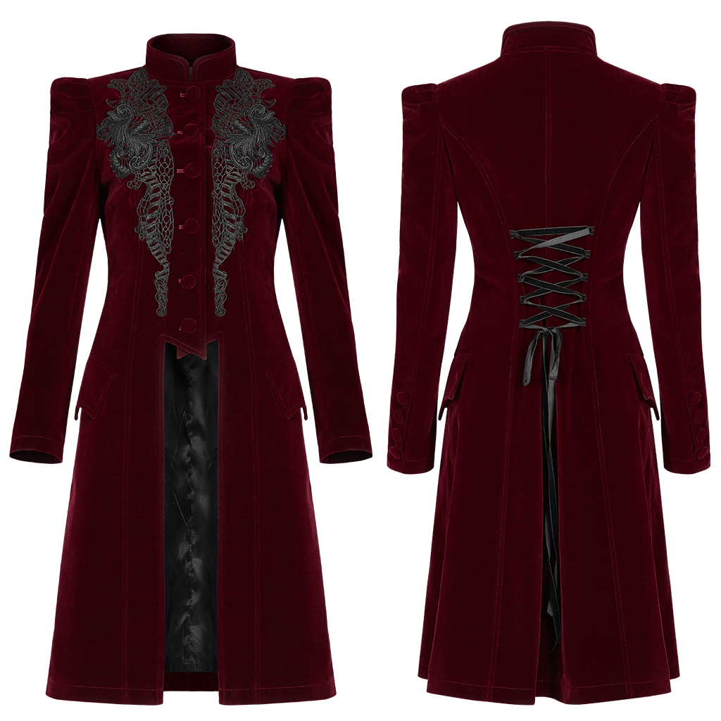 Victorian-inspired burgundy velvet gothic coat featuring lace detail and drawstring back, perfect for elegant attire.