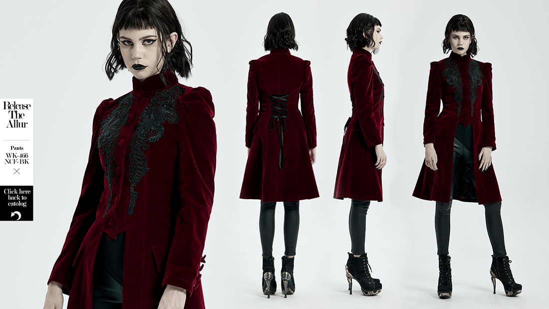 Victorian-inspired Gothic coat in rich velvet, featuring lace detail and drawstring back for a stylish silhouette.