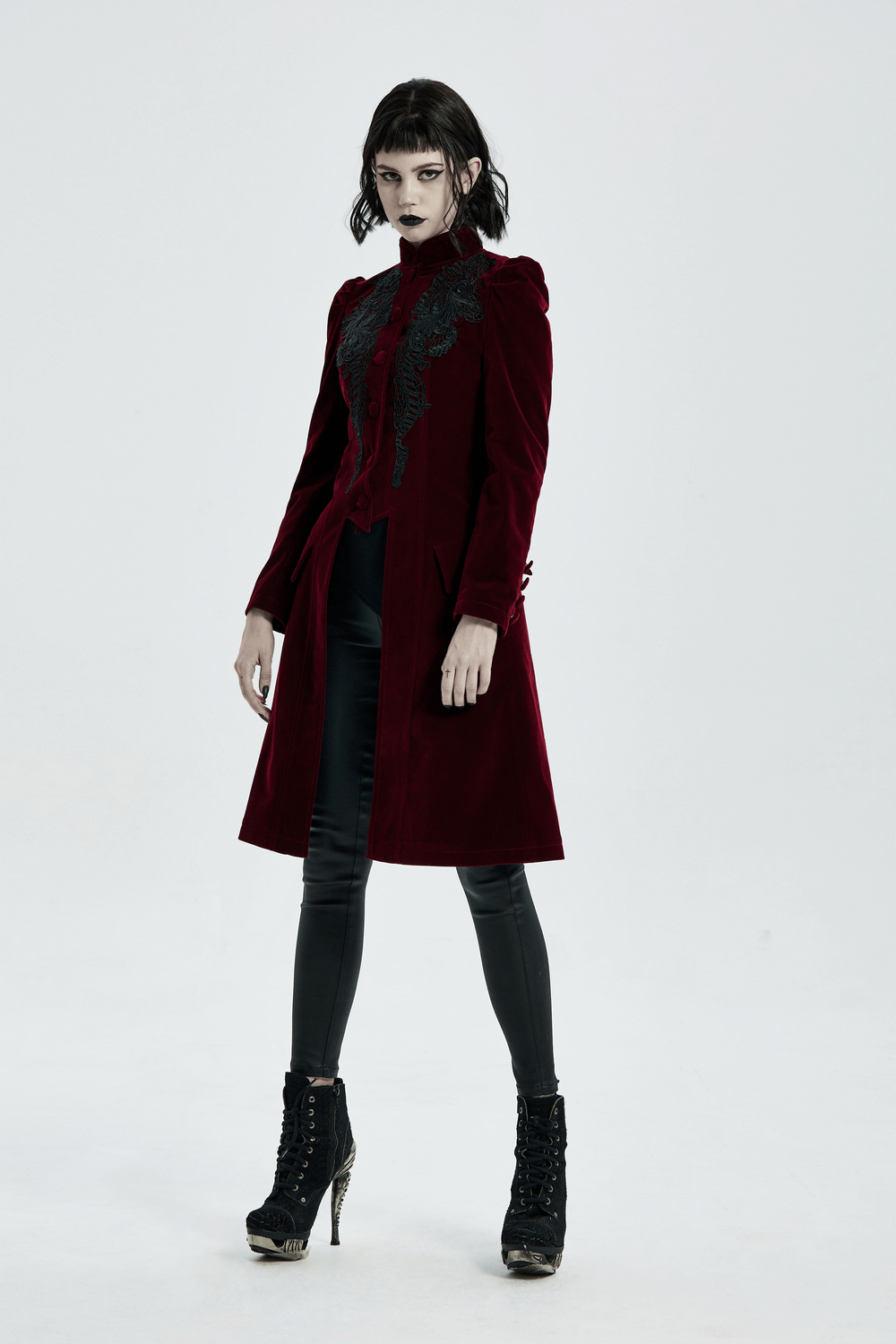 Velvet Gothic Coat with Lace Detail and Drawstring Back - HARD'N'HEAVY
