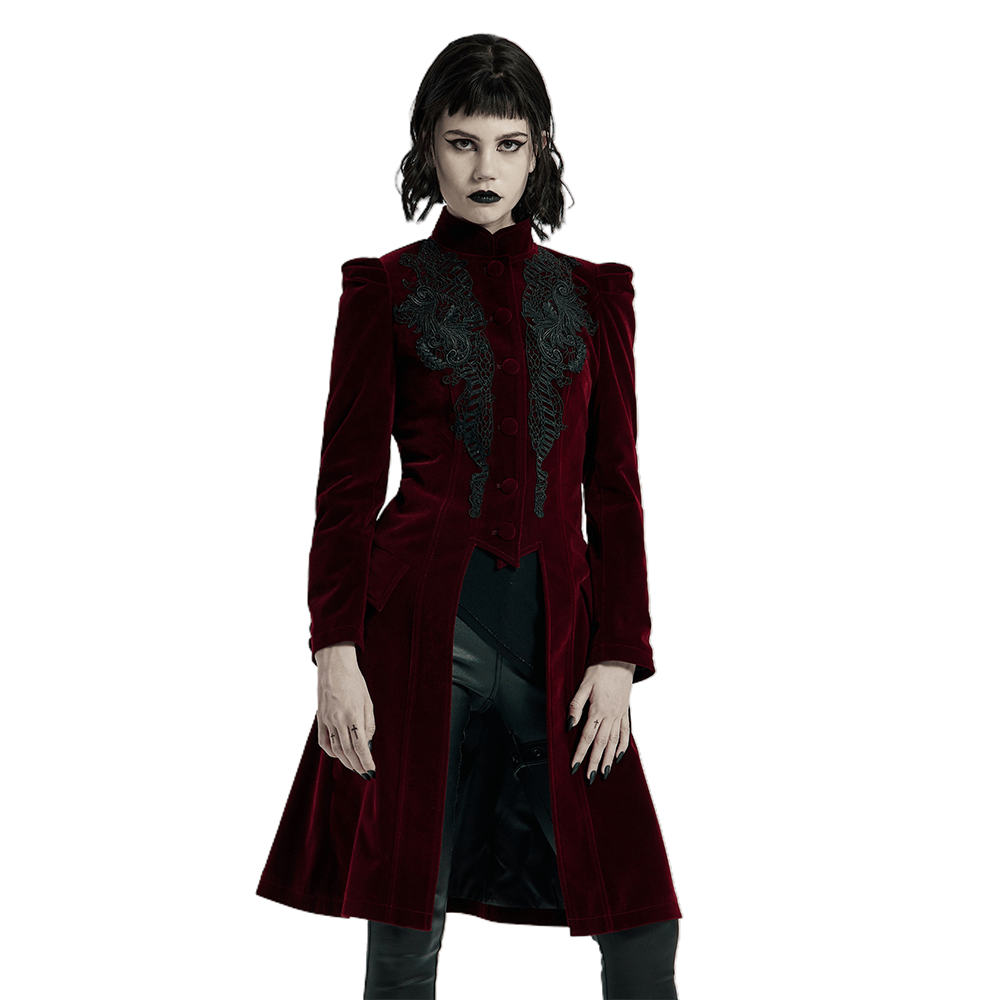 Victorian-inspired velvet Gothic coat with lace detail, showcasing elegance and luxury in a rich burgundy color.