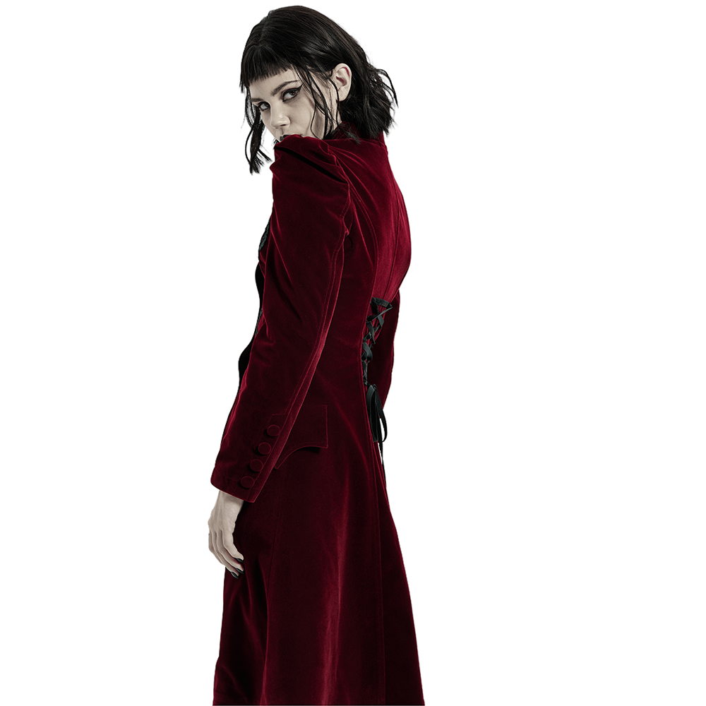 Velvet Gothic Coat with Lace Detail and Drawstring Back - HARD'N'HEAVY