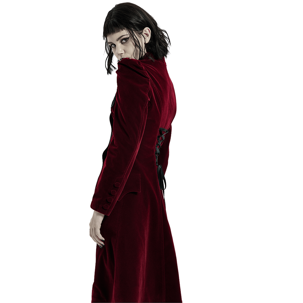 Gothic velvet coat with lace detail and drawstring back, embodying Victorian elegance and style.