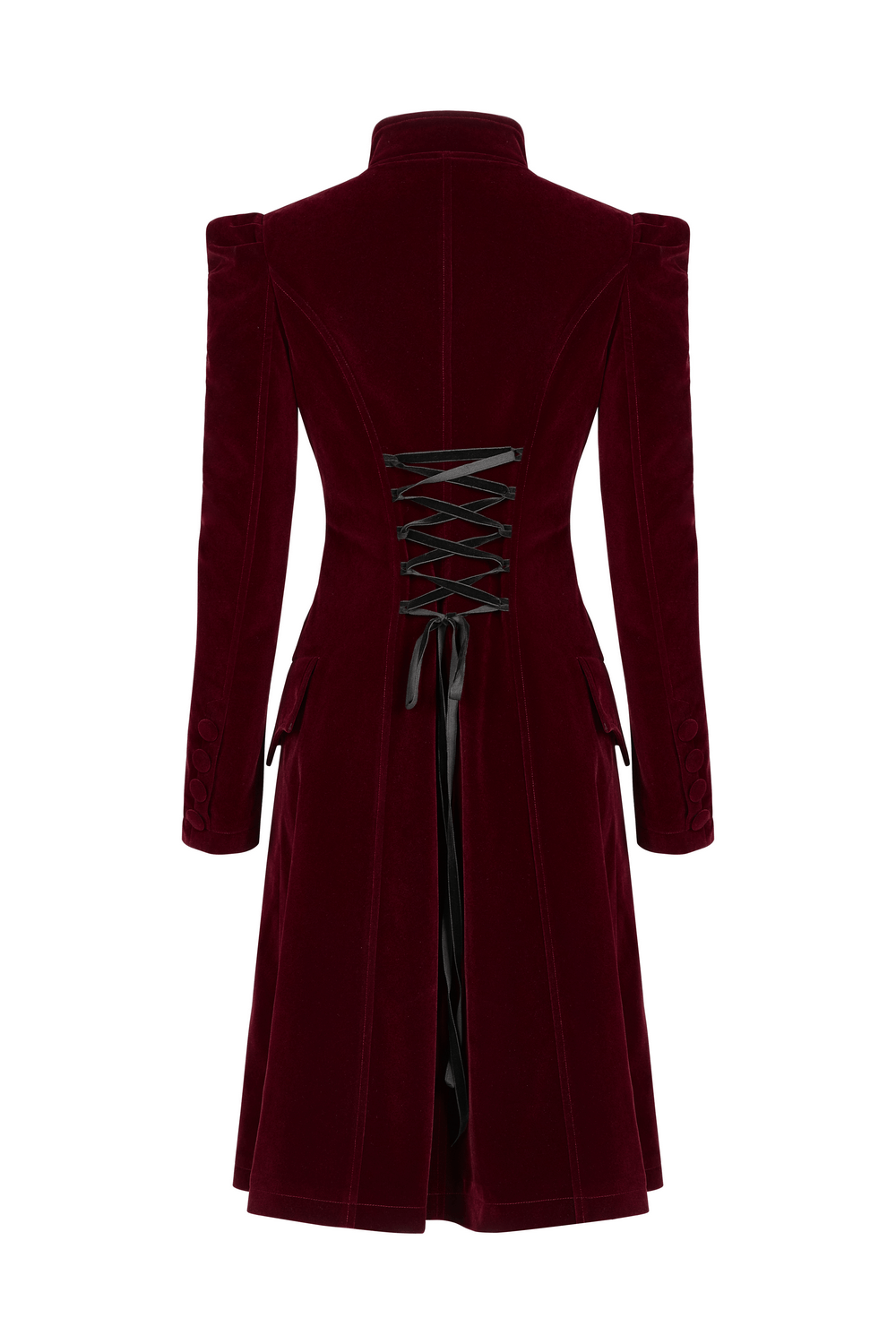 Back view of a burgundy velvet gothic coat with lace-up drawstring detail and long sleeves.