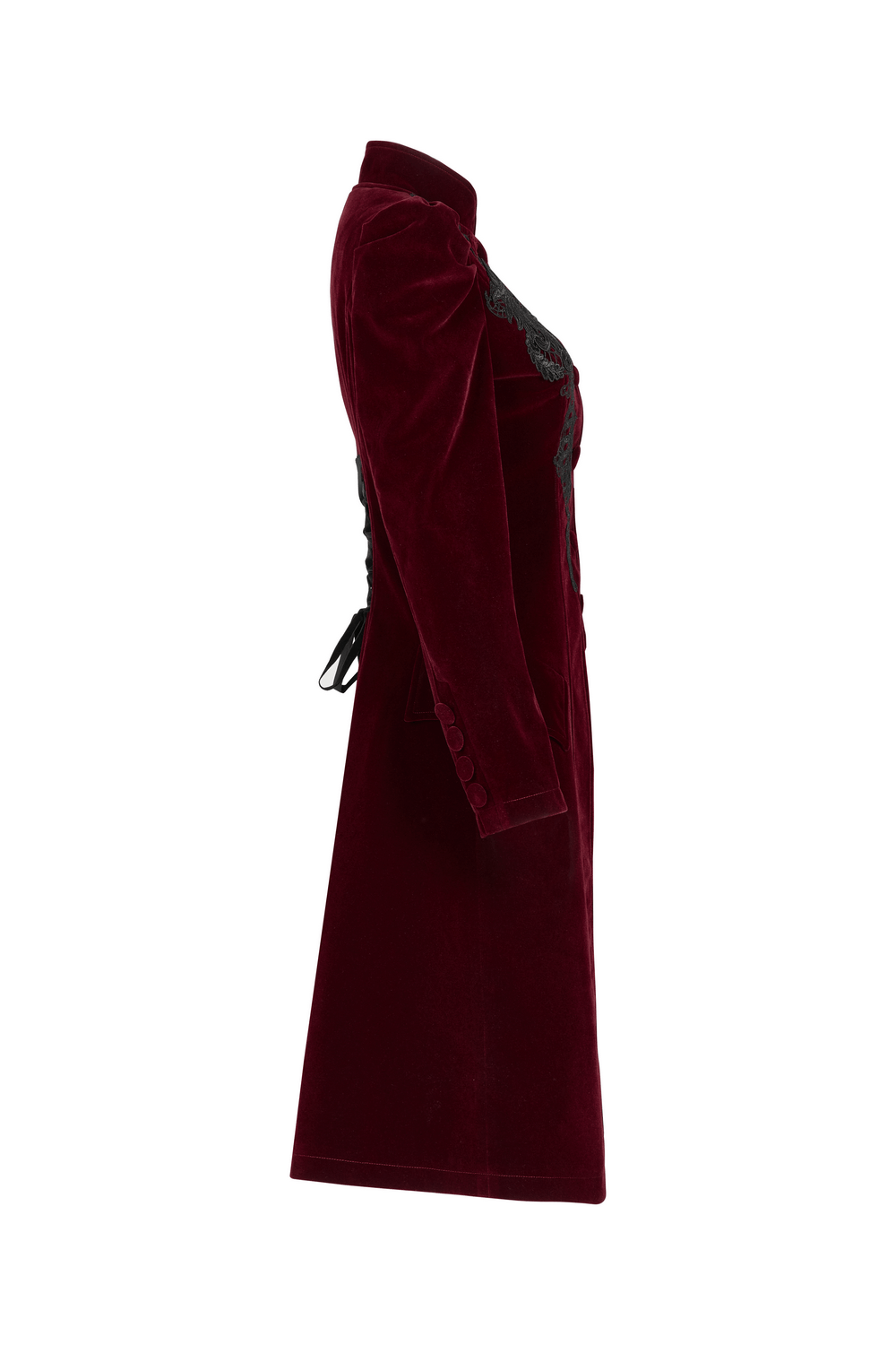 Side view of a gothic velvet coat with lace detail and drawstring back in rich burgundy color.