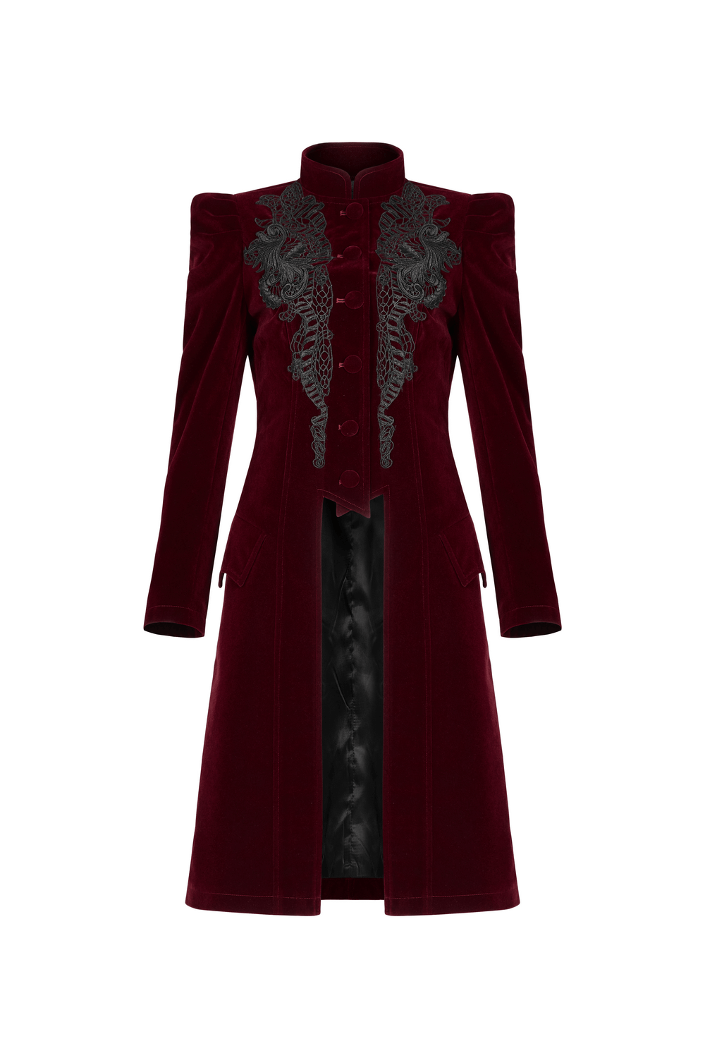 Victorian-inspired velvet gothic coat with lace detail, perfect for elegant gothic fashion.