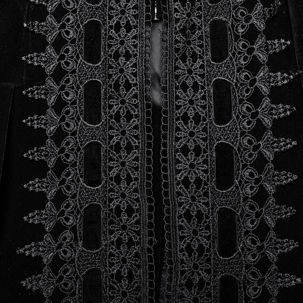 Close-up of velvet Gothic coat featuring intricate lace detailing and elegant zip closure.