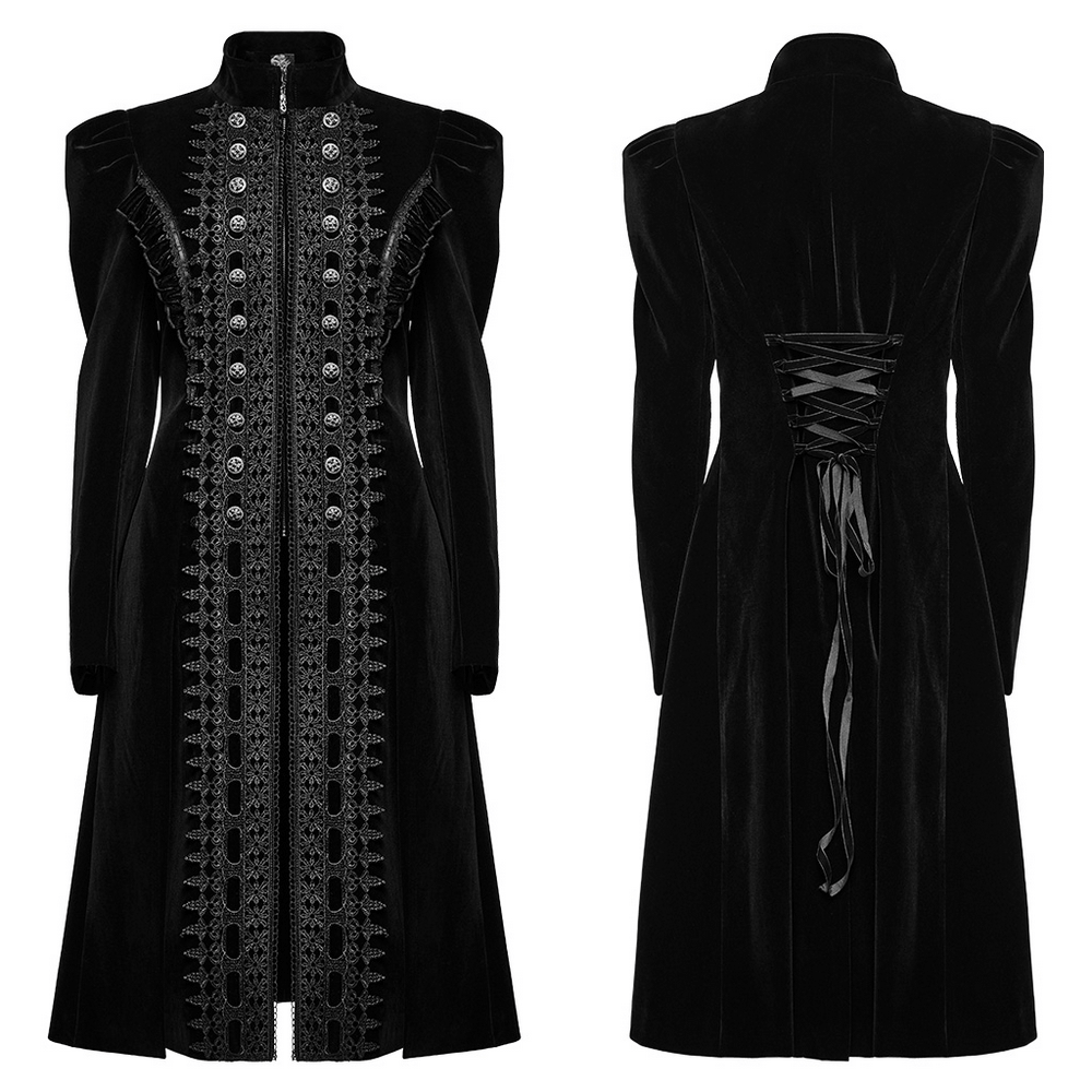 Elegant black velvet Gothic coat with lace panels and dramatic ruffle accents, featuring intricate buttons and A-line fit.