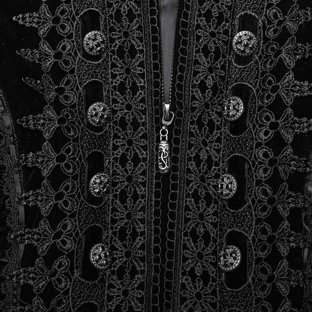 Close-up of velvet Gothic coat's lace panels and intricate buttons for a dramatic look.