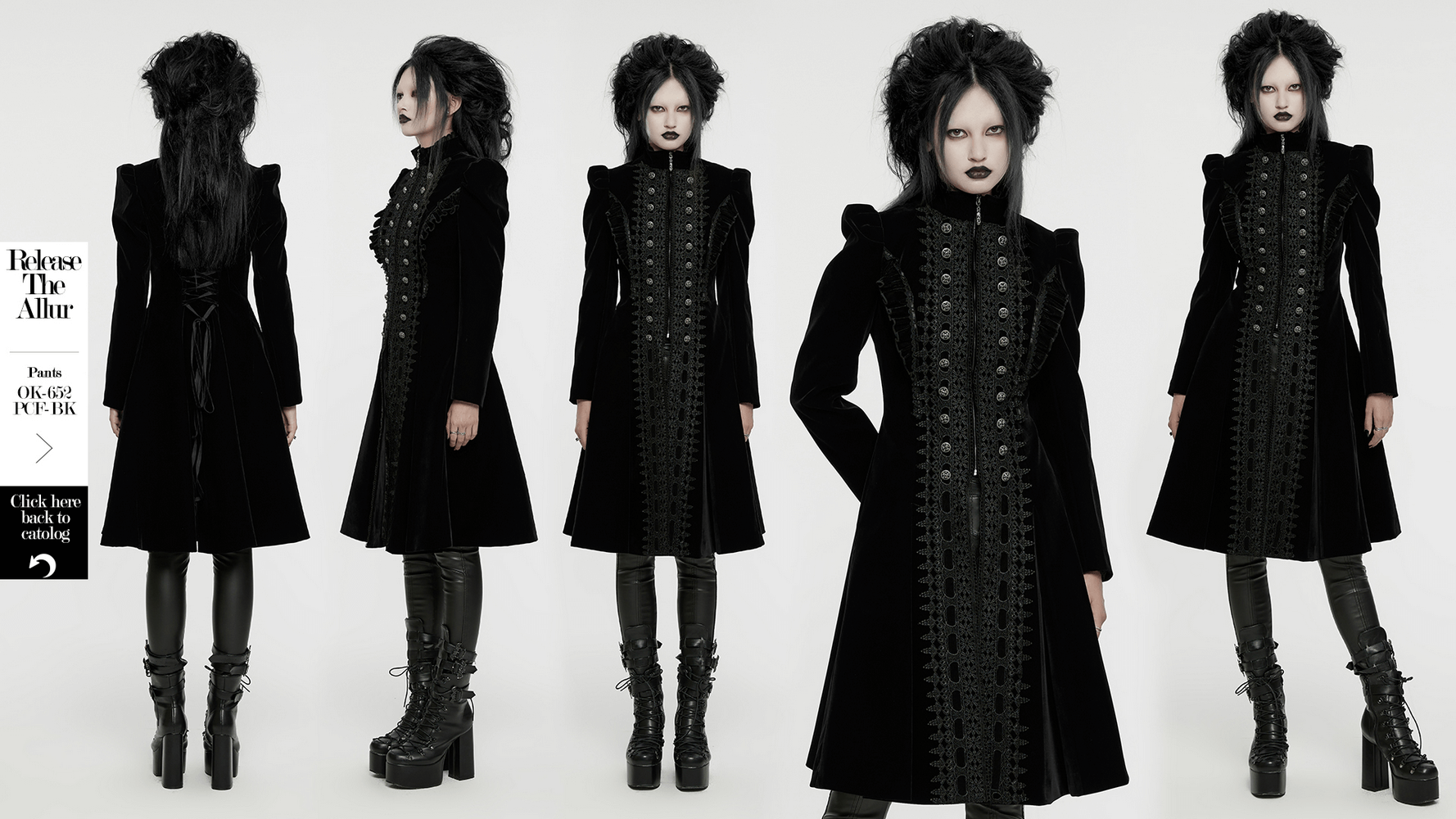 Elegant black velvet Gothic coat with lace panels and ruffle accents, showcasing a dramatic A-line silhouette.