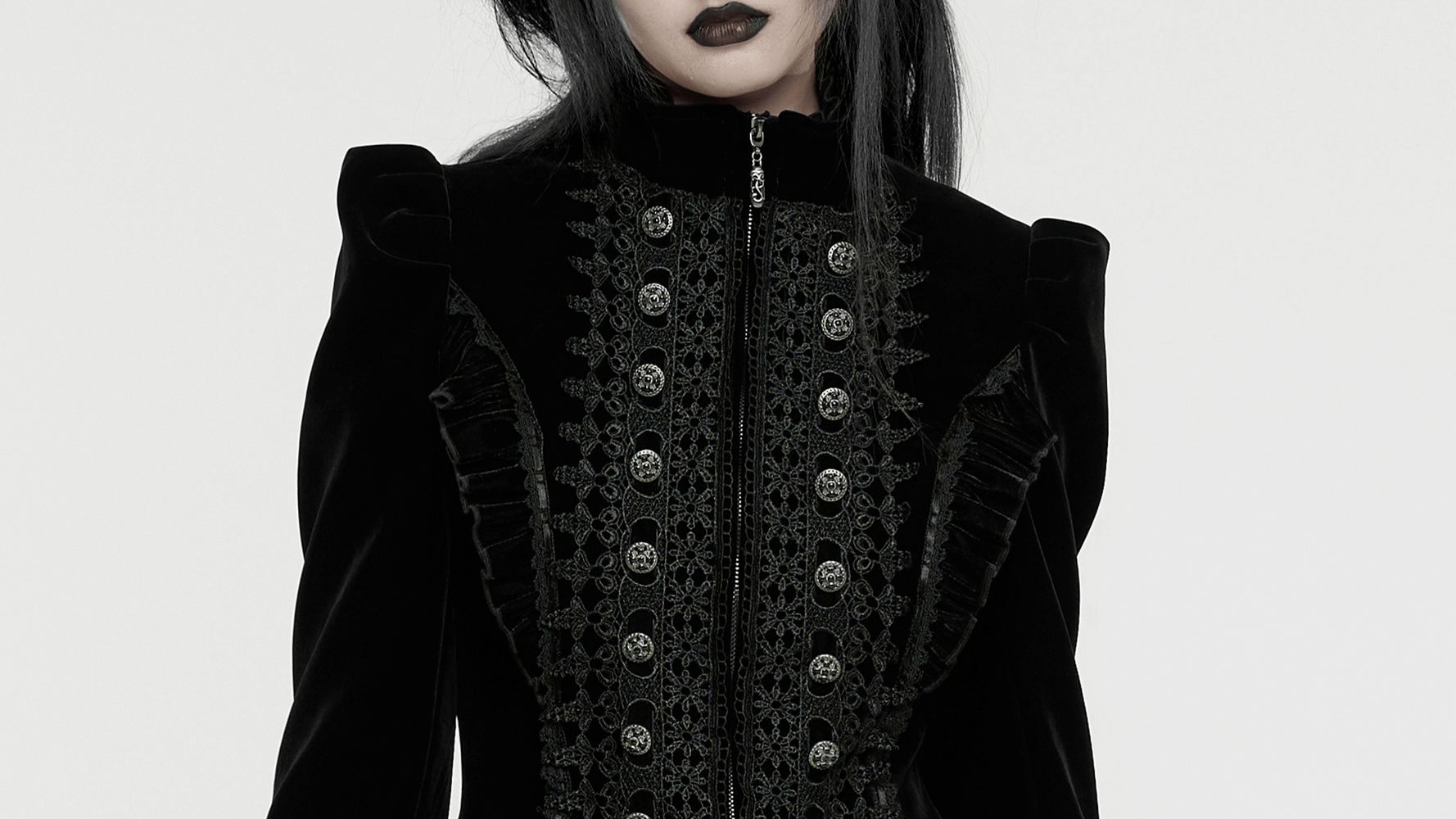 Elegant velvet Gothic coat featuring lace panels, ruffle accents, and intricate buttons for a dramatic look.