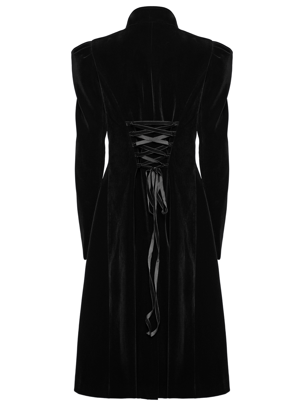 Elegant black velvet Gothic coat with lace-up back and ruffle accents, showcasing a dramatic A-line silhouette.