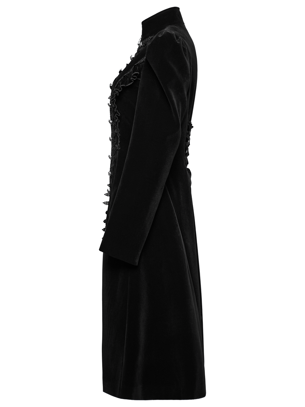 Elegant black velvet Gothic coat with lace panels and ruffle accents, showcasing a chic A-line silhouette.