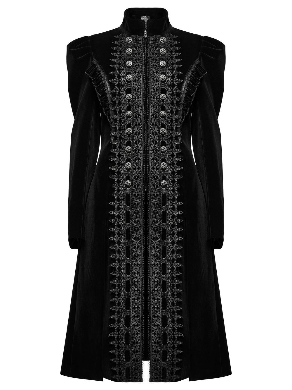 Elegant velvet Gothic coat with symmetric lace panels and ruffle accents, featuring a dramatic A-line silhouette.
