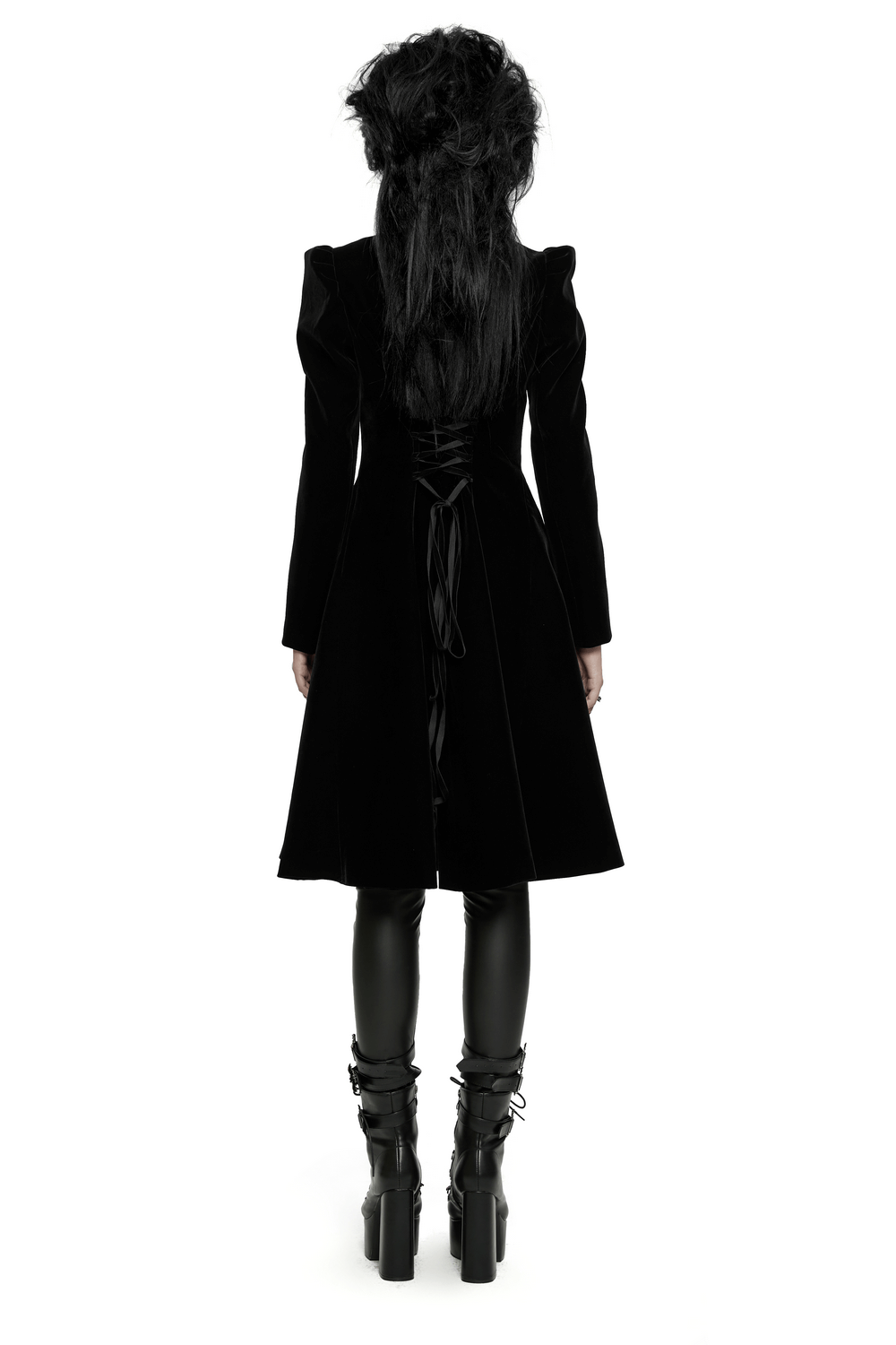 Back view of a stylish black velvet Gothic coat with lace details, ruffle accents, and dramatic A-line silhouette.