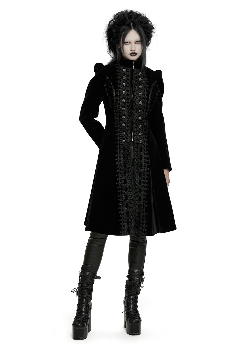Elegant velvet Gothic coat with lace panels, ruffle accents, and buttons in dramatic A-line silhouette.