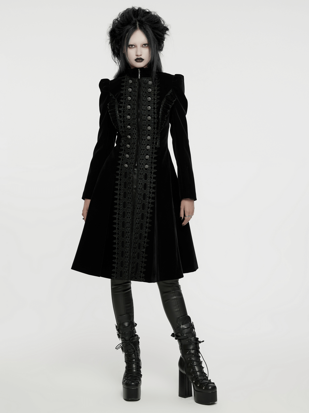 Elegant velvet Gothic coat with lace panels, ruffle accents, and refined button details for a dramatic look.