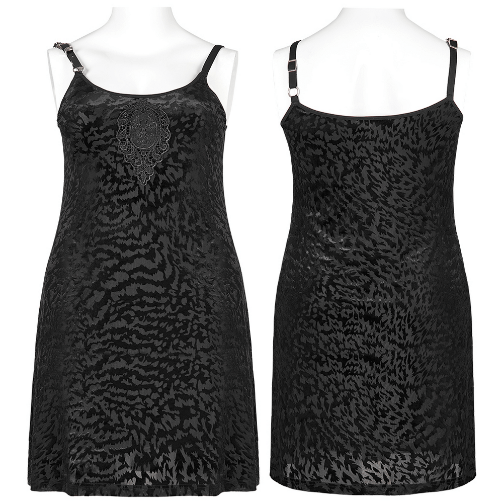 Gothic velvet dress with removable strap loop, featuring abstract bat pattern in black for edgy daily wear.