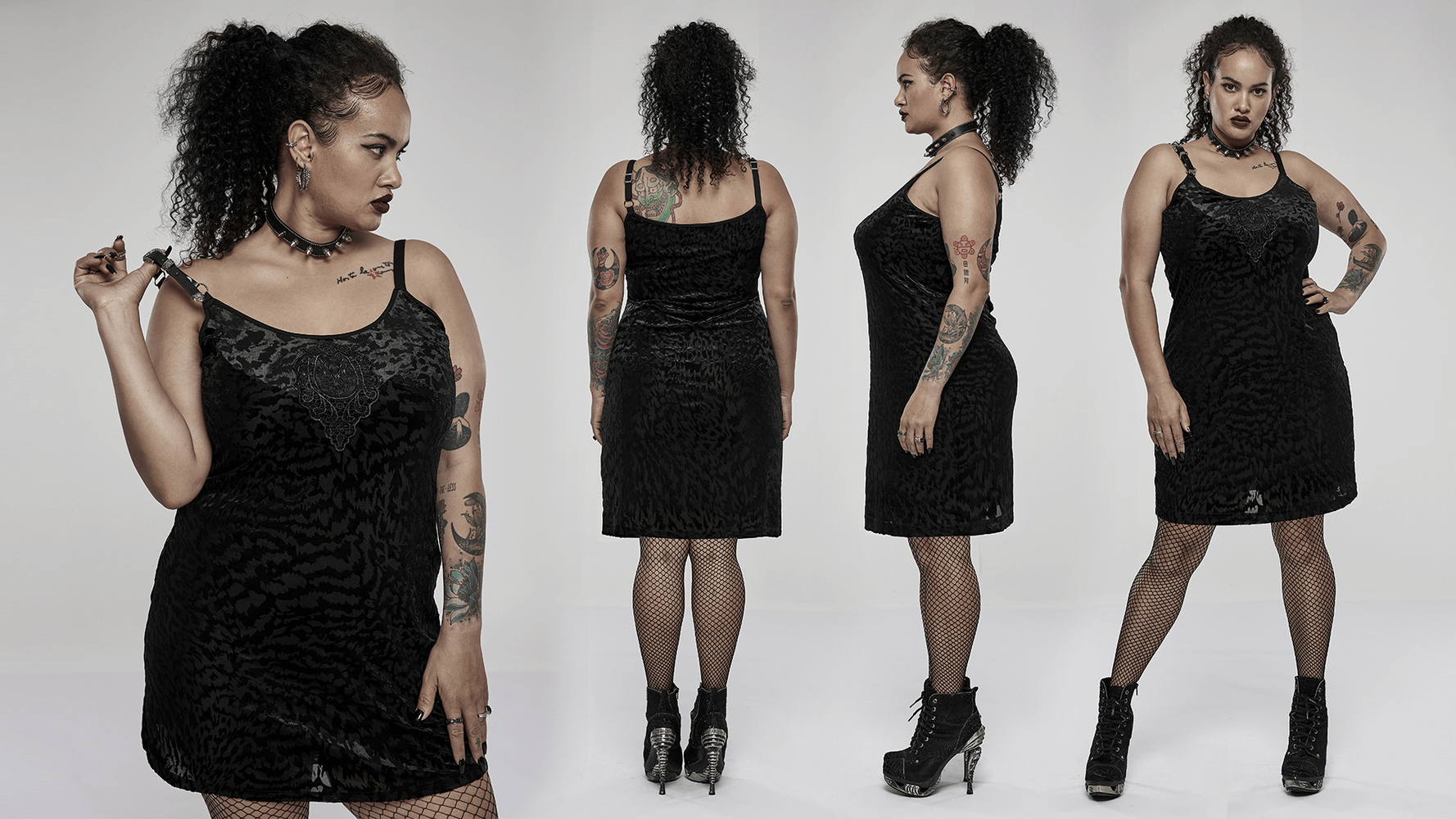 Gothic velvet dress with removable strap loop, showcasing edgy fashion in a stylish fit.