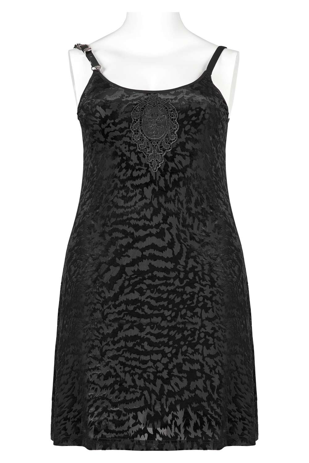 Elegant velvet gothic dress with removable strap loop and bat-pattern design for edgy daily wear.