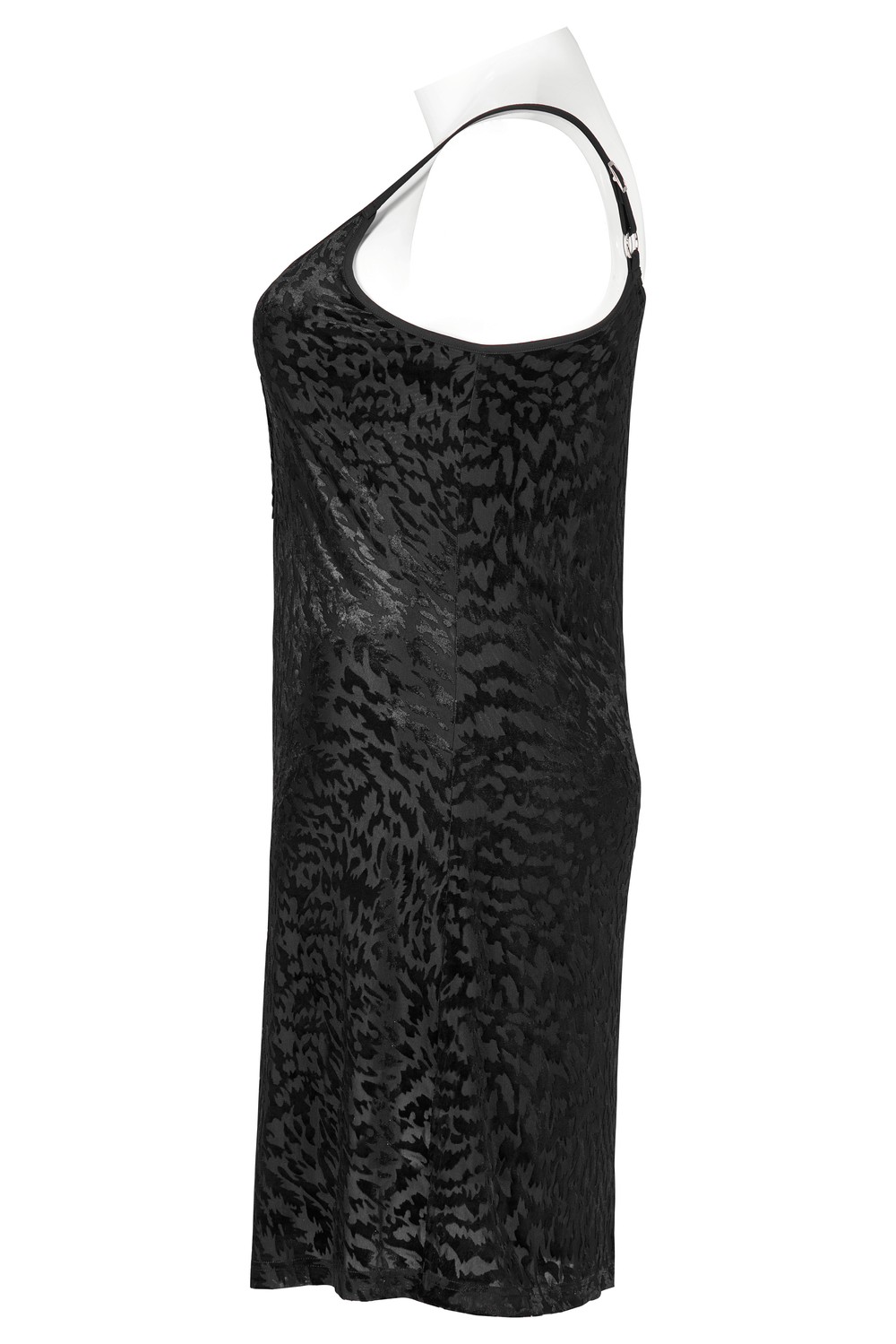 Side view of a black velvet gothic dress with abstract bat pattern and removable strap loop.