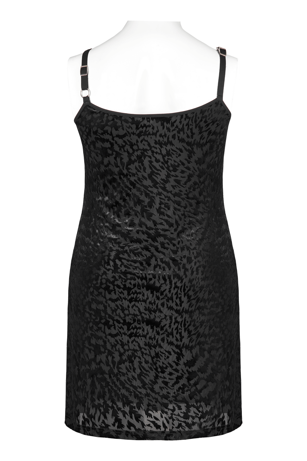 Back view of a velvet gothic dress with removable strap loop, featuring an abstract bat pattern and adjustable straps.
