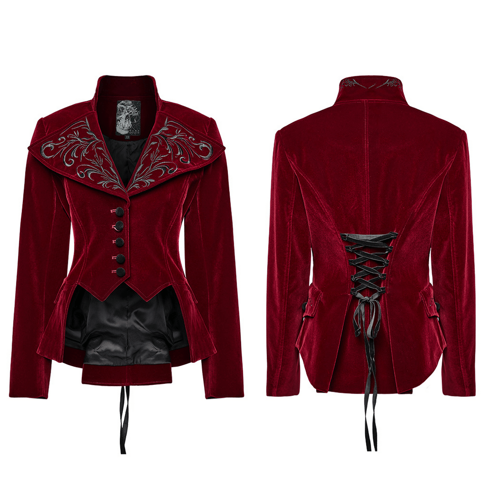 Gothic velvet jacket with embroidered design, stand collar, and corset back detailing, perfect for elegant gothic outfits.