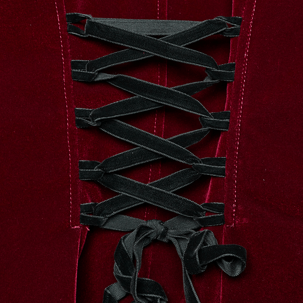 Close-up of the lace-up corset back detail of a luxurious velvet gothic tailcoat jacket.