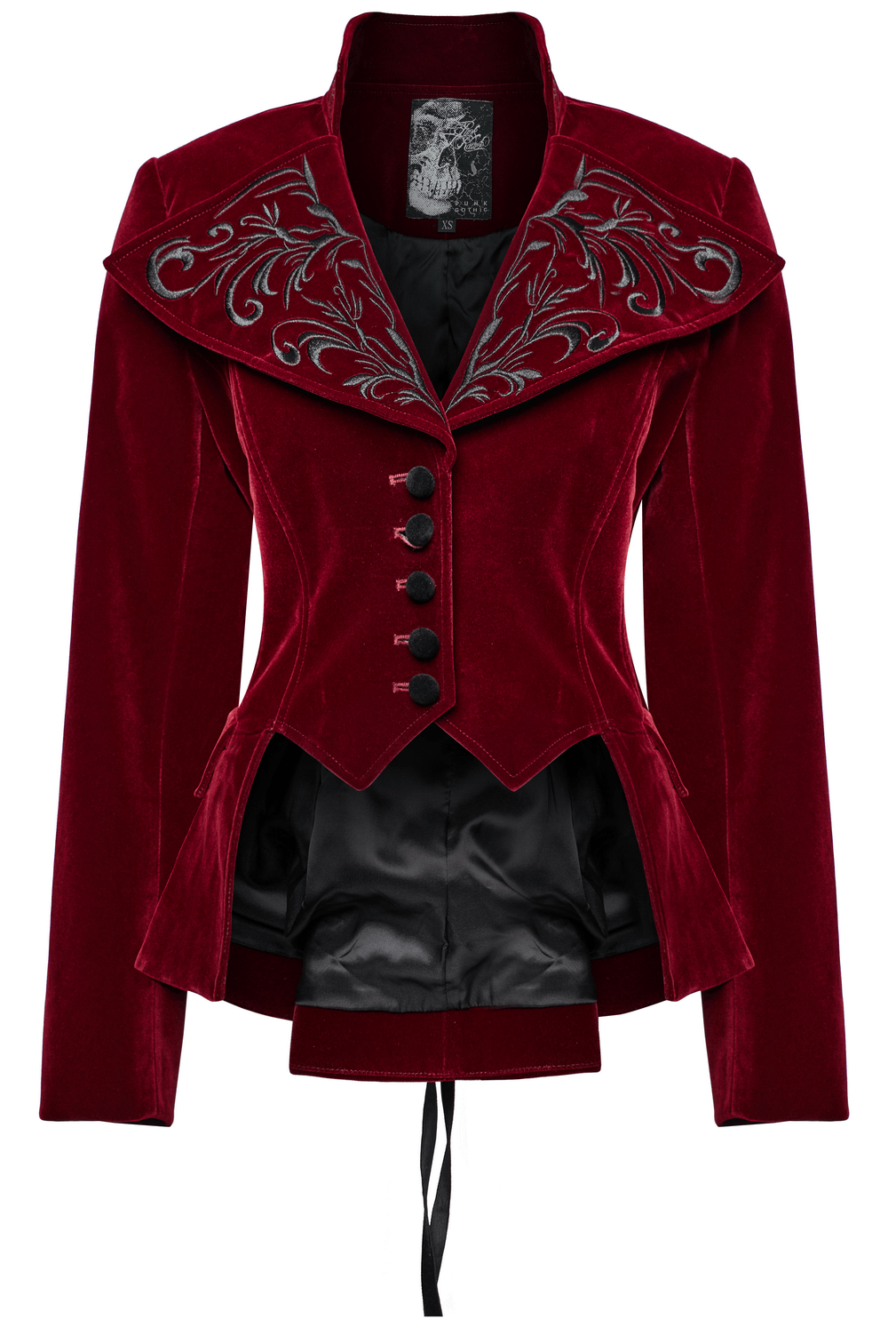 Elegant Gothic velvet tailcoat with embroidered collar and corset back, perfect for adding a touch of aristocratic style.