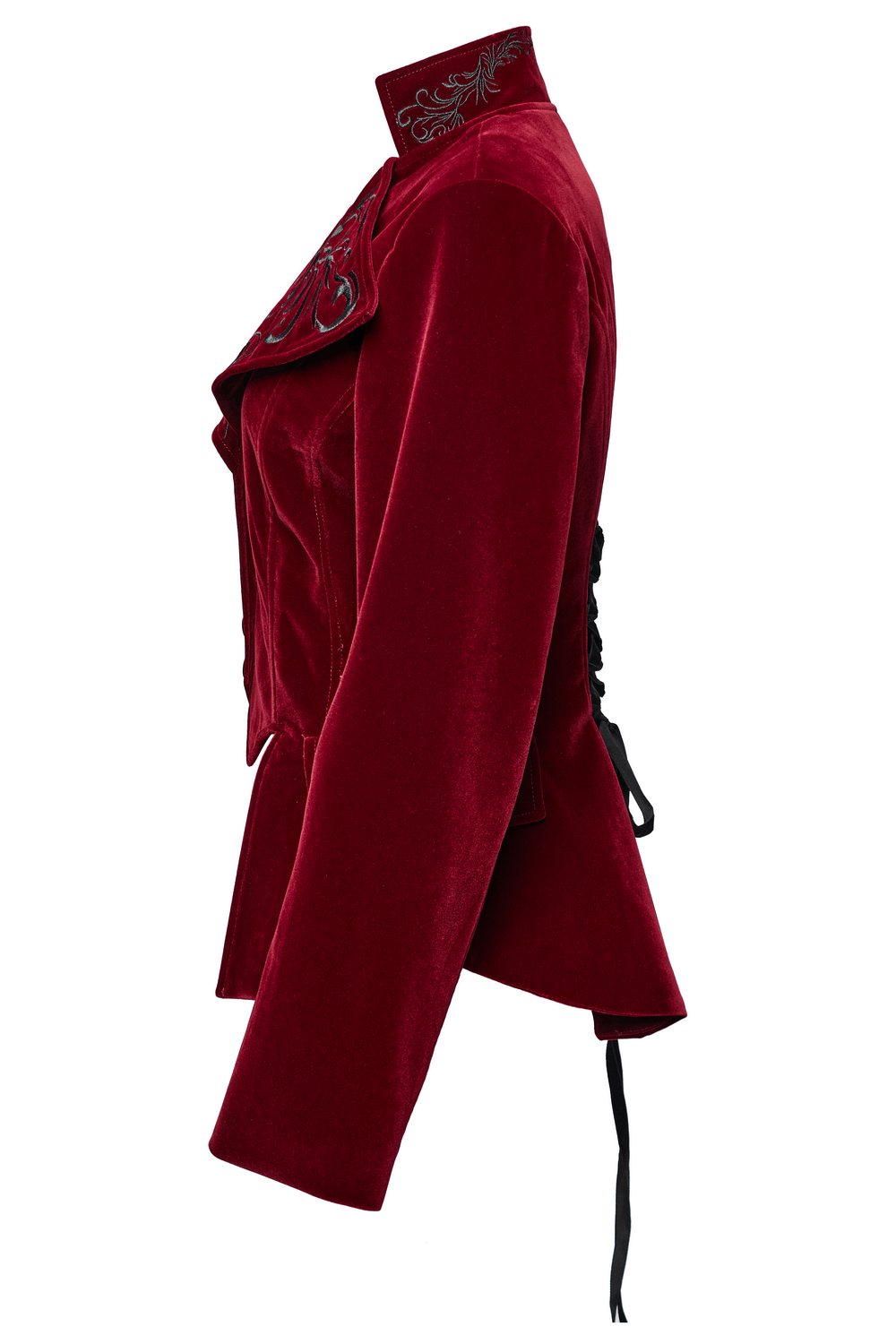 Gothic velvet embroidered tailcoat with stand collar, showcasing a corset back and elegant silhouette.