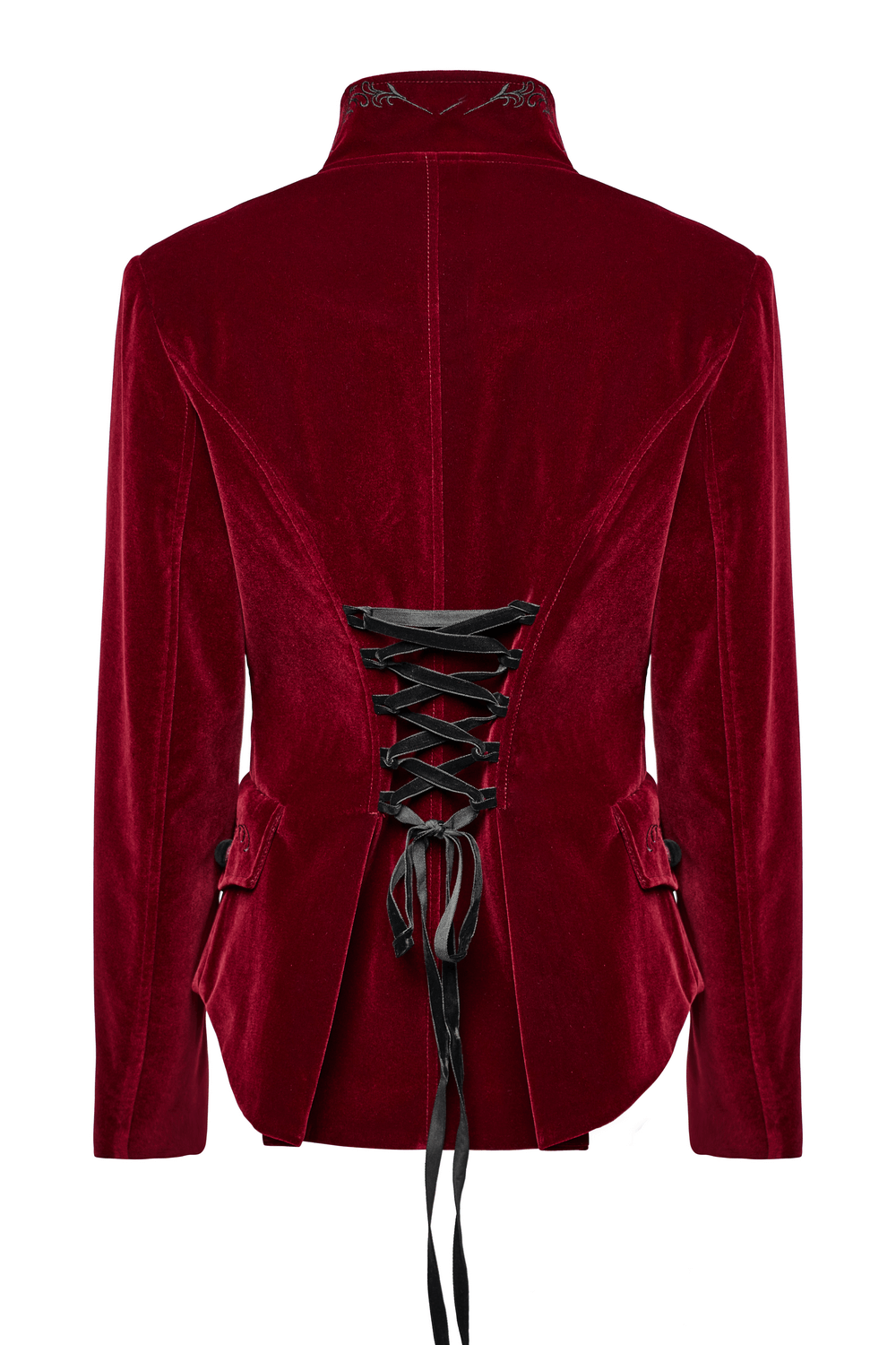 Back view of Velvet Gothic Embroidered Tailcoat showing lace-up corset design and luxurious velvet texture.