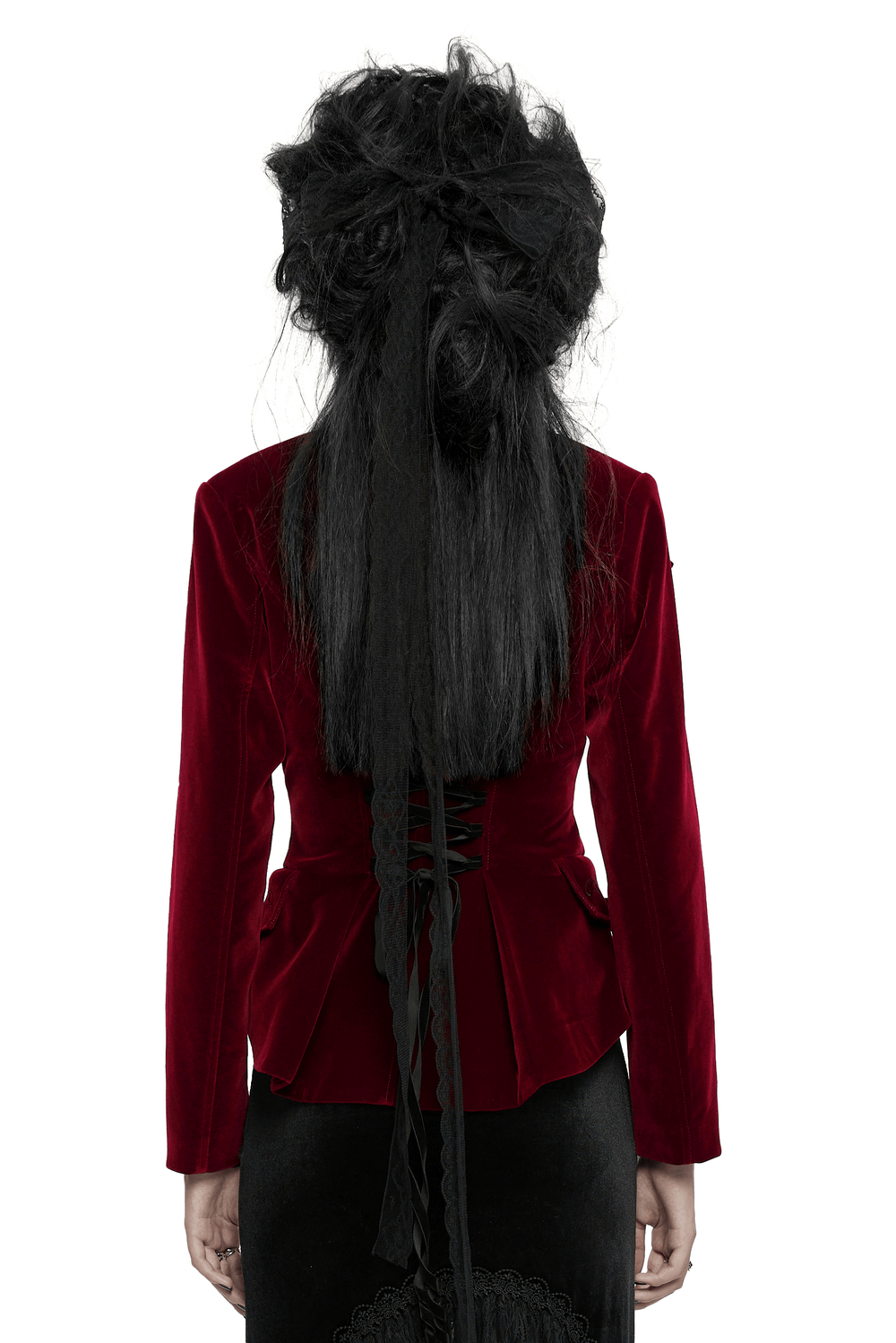 Back view of a gothic velvet embroidered tailcoat with corset design, showcasing its luxurious fabric and elegant silhouette.