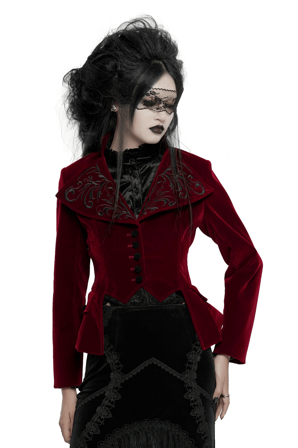 Gothic velvet embroidered tailcoat jacket with a stand collar and corset back, exuding elegance and aristocratic charm.