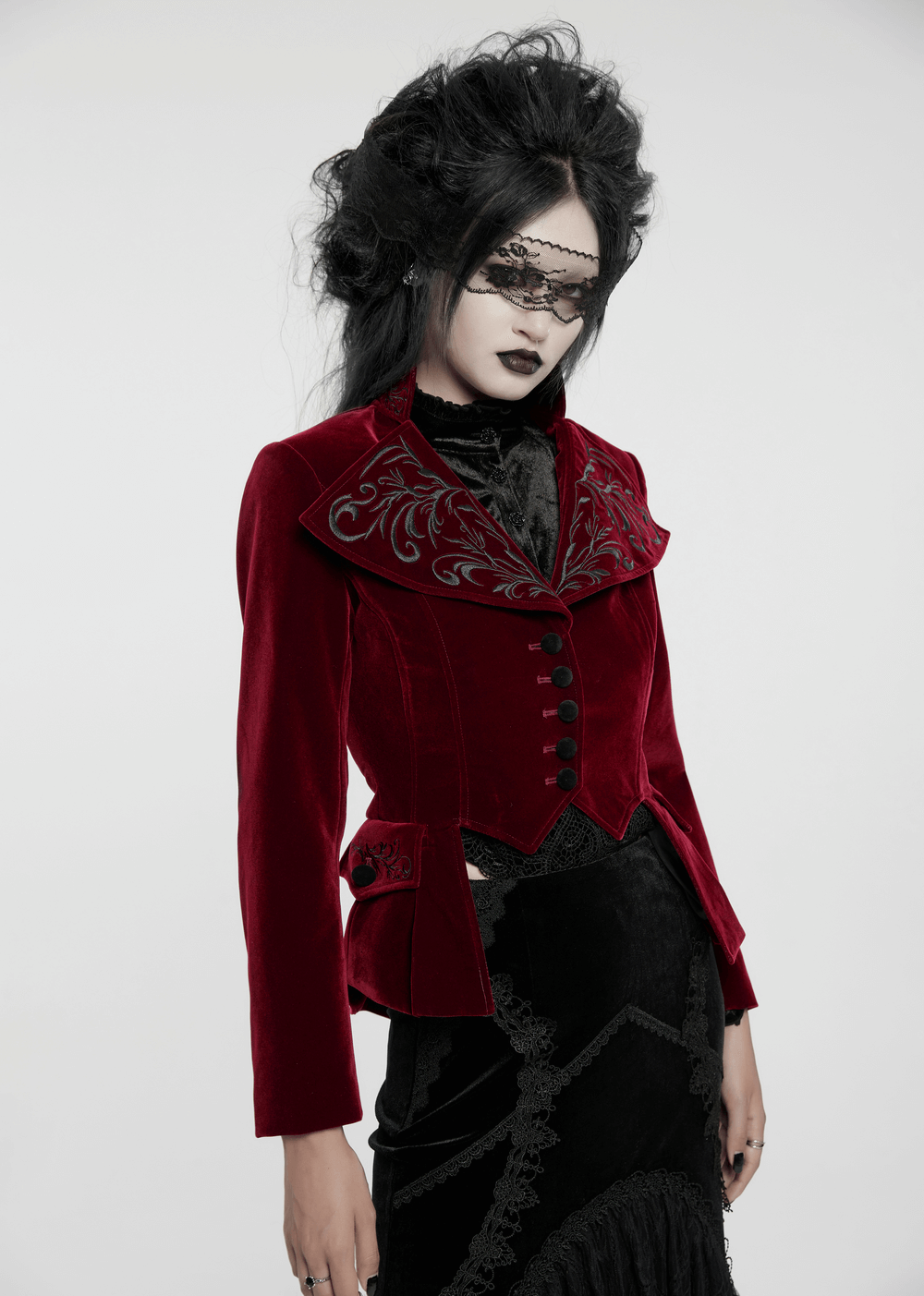 Gothic velvet embroidered tailcoat with stand collar and corset back, exuding elegance and dark charm.